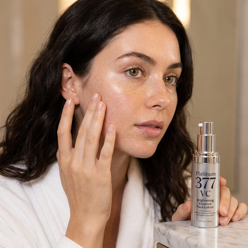 Platinum 377 VC Brightening Essence - model applying to cheek