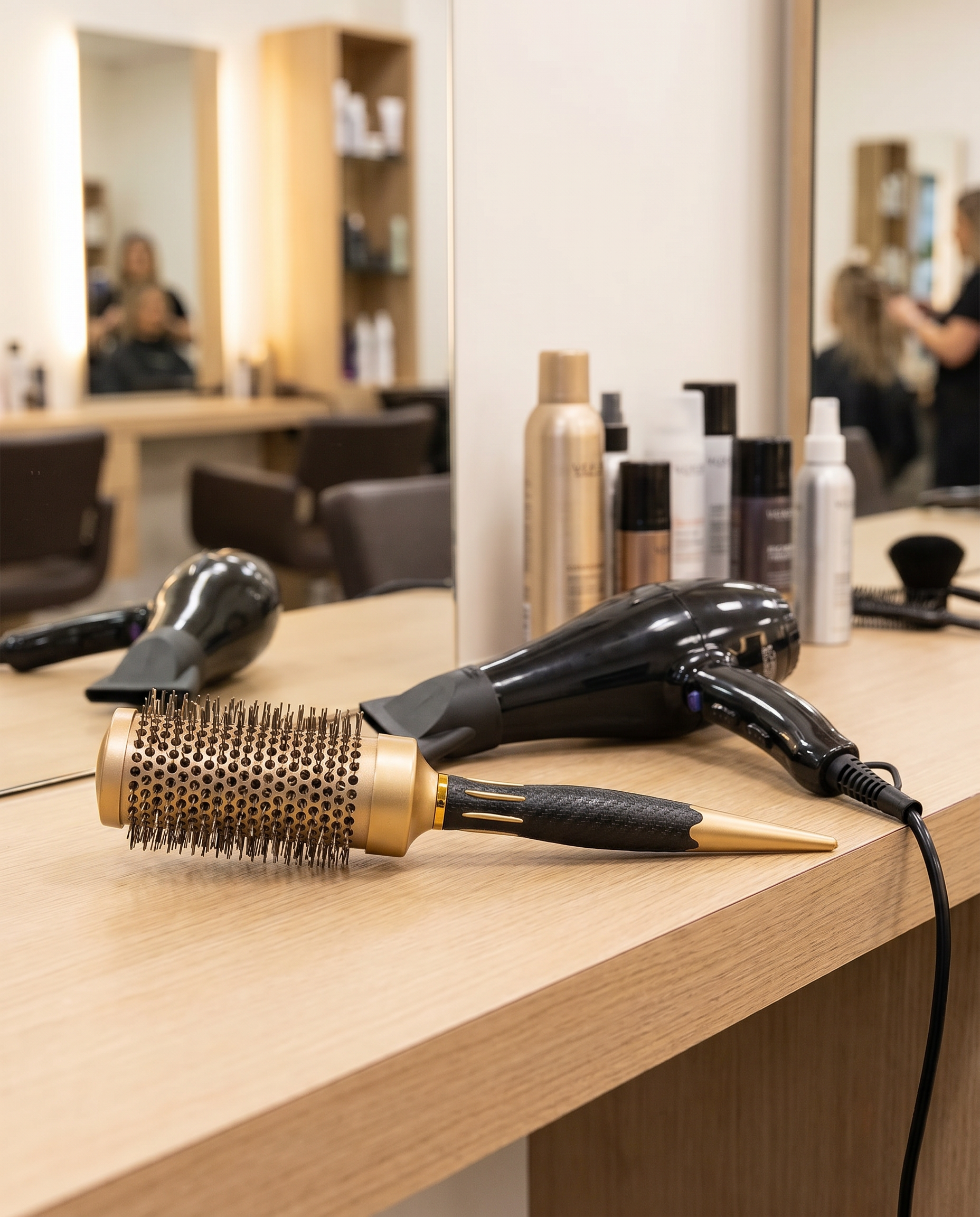 Ceramic round hair brush at salon styling station