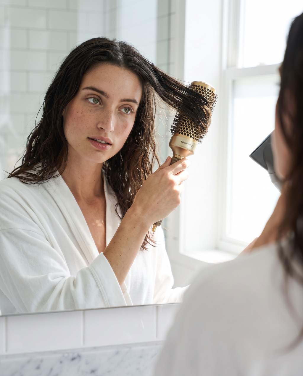 Model blow-drying hair with ceramic round brush in bathroom