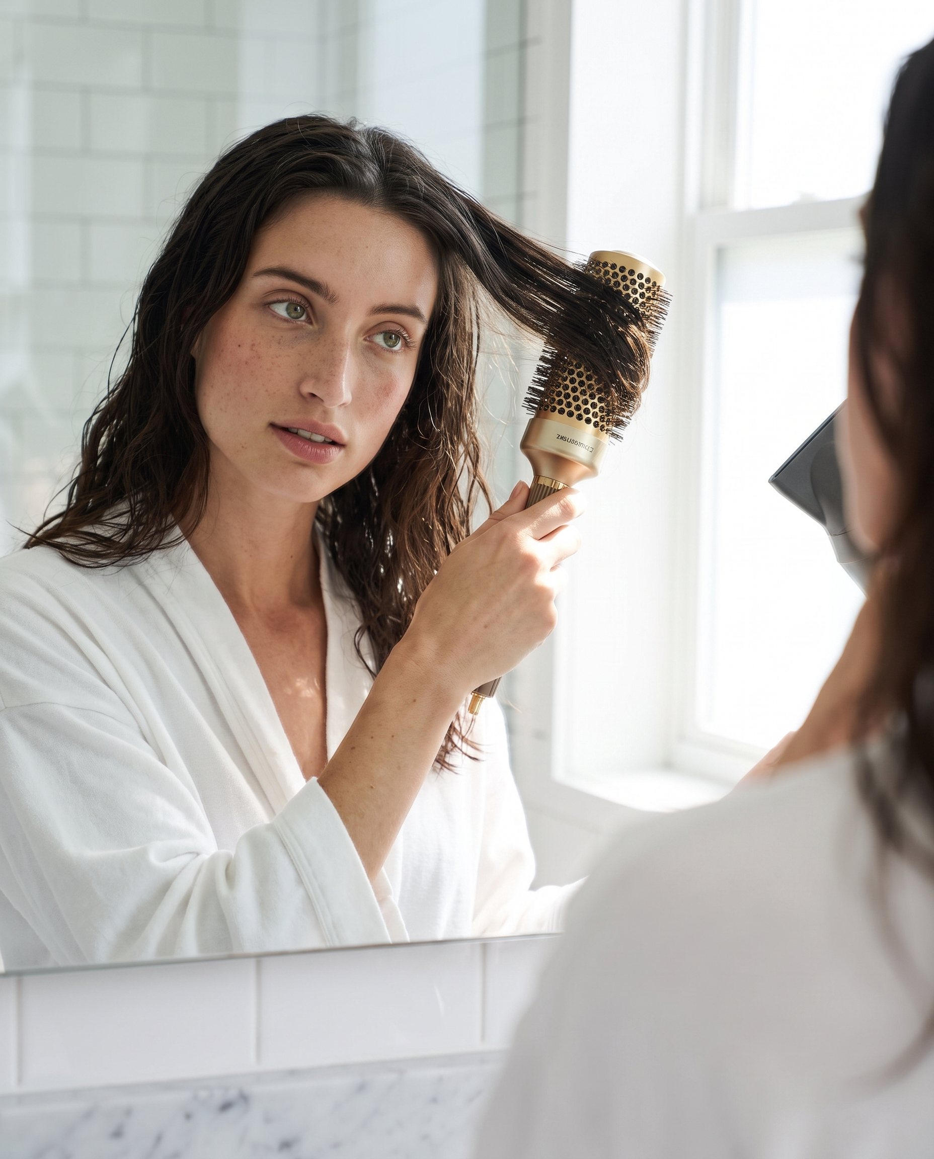 Model blow-drying hair with ceramic round brush in bathroom