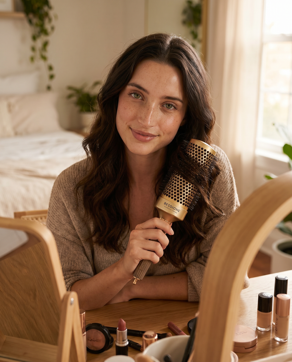 Model holding ceramic round hair brush at home vanity