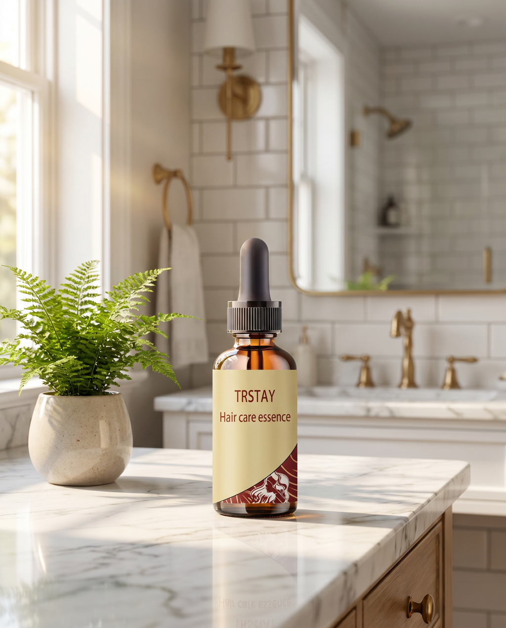 Hair serum bottle on marble bathroom vanity