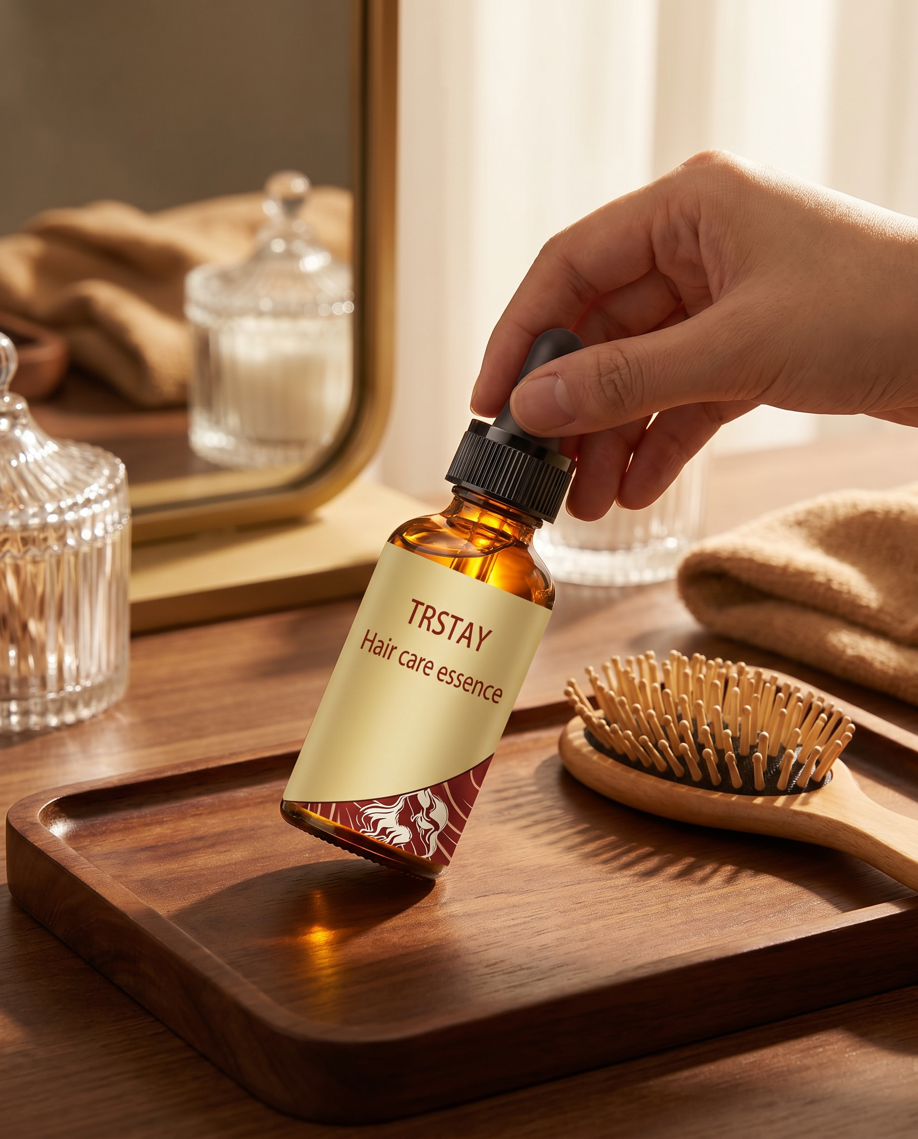 Hair serum bottle on wooden vanity tray