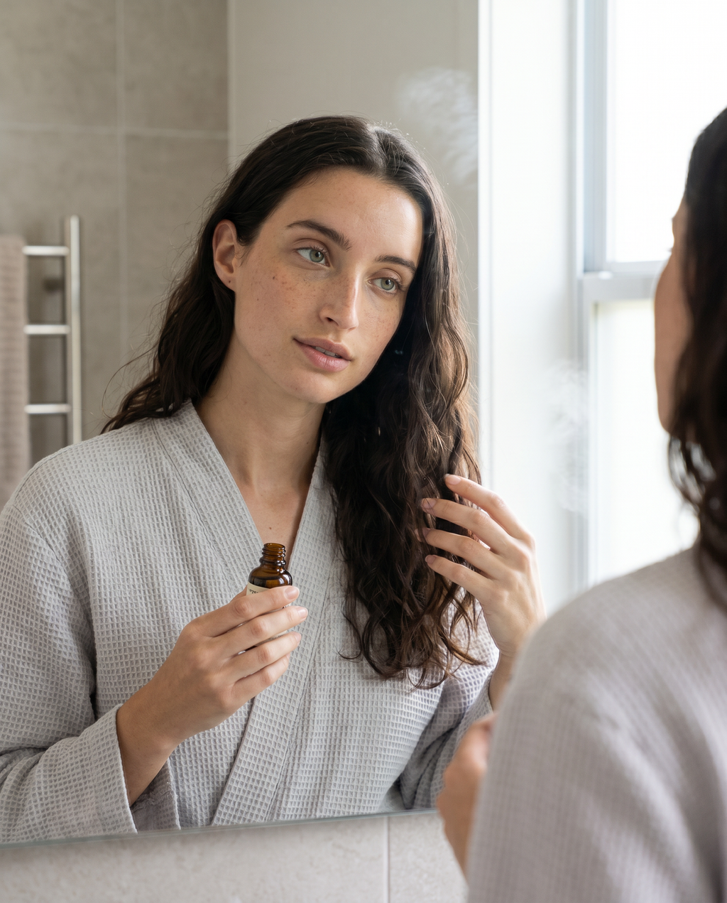 Model applying hair serum to hair ends