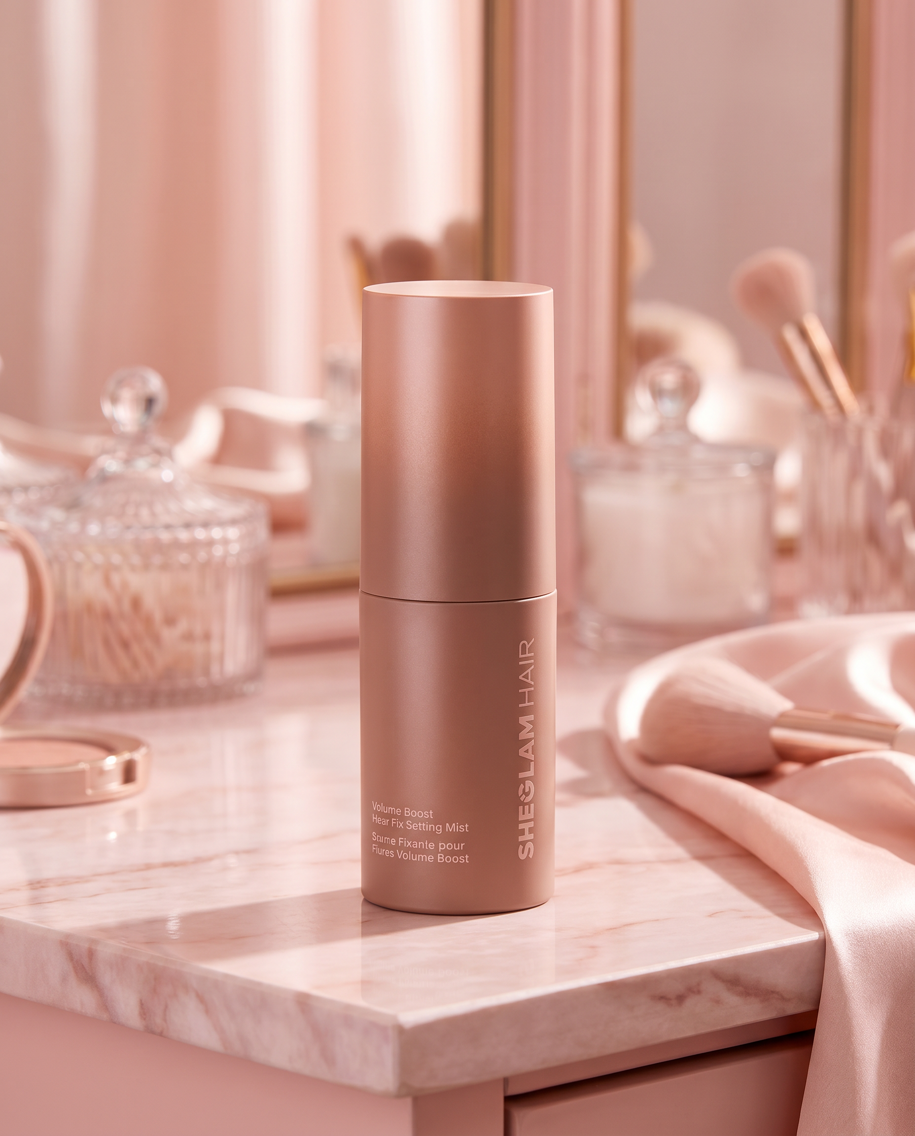 Hair setting mist bottle on pastel vanity