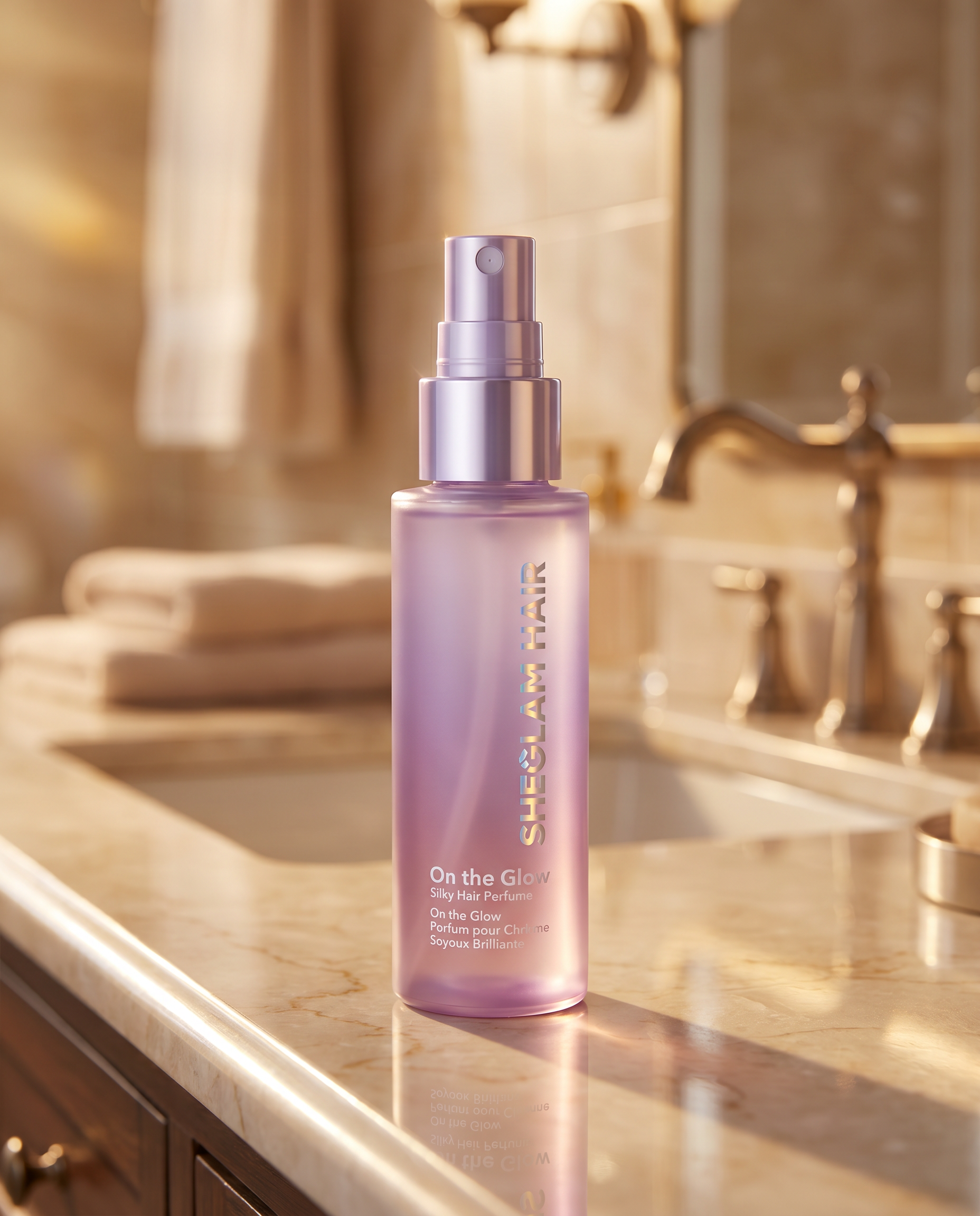 Hair perfume detangler mist bottle on bathroom vanity
