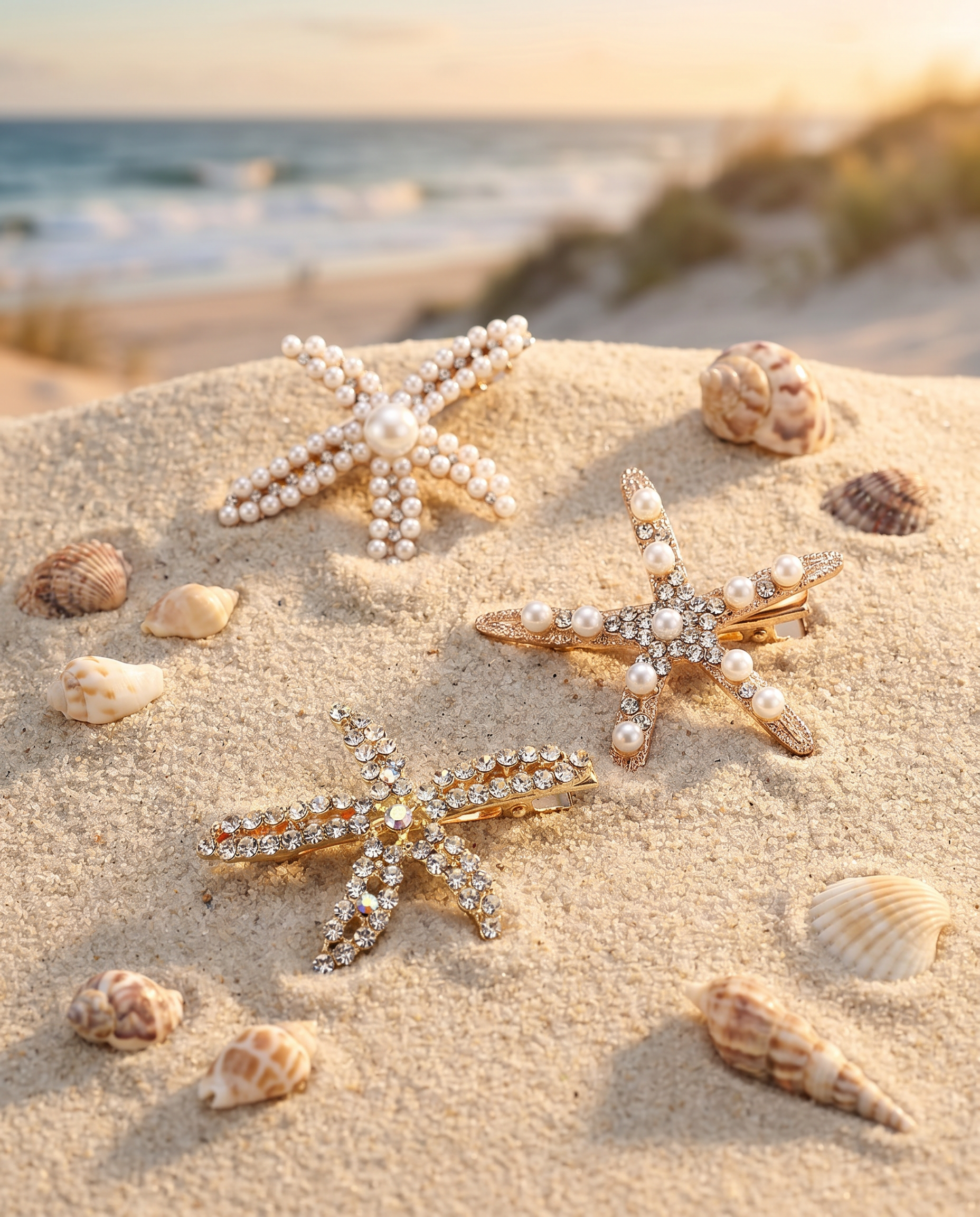 Pearl starfish hair clips on sandy beach