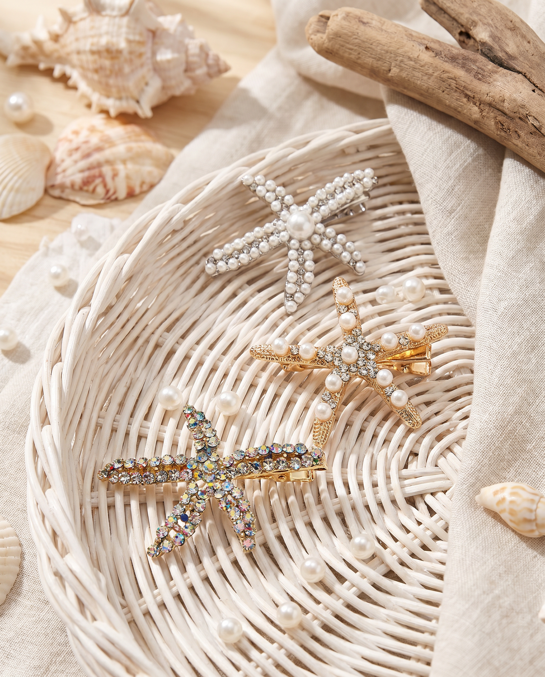 Pearl starfish hair clips on wicker tray