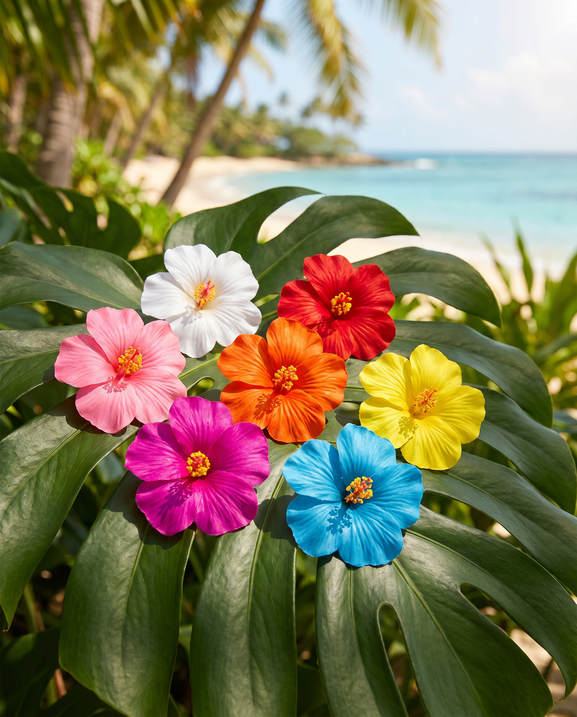 Hibiscus flower hair clips on tropical leaf