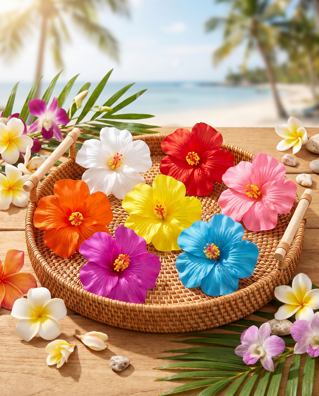 Hibiscus flower hair clips on rattan tray