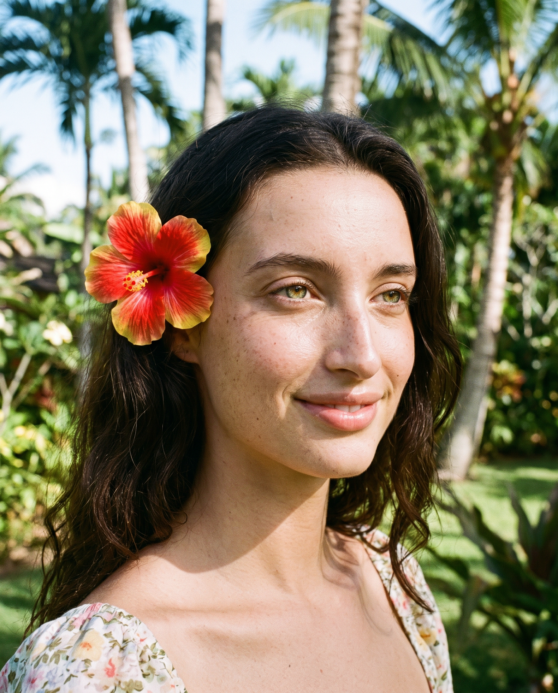 Model wearing hibiscus flower hair clip in tropical garden