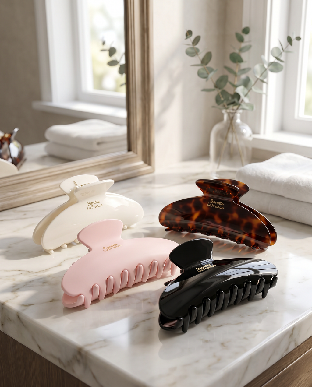 Large hair claw clips on bathroom counter