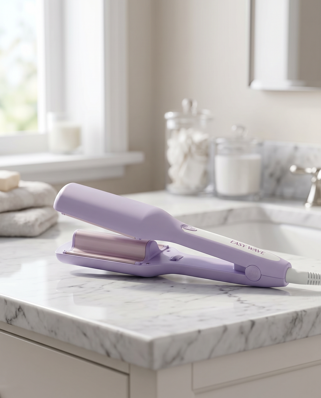 Curling iron on marble bathroom counter