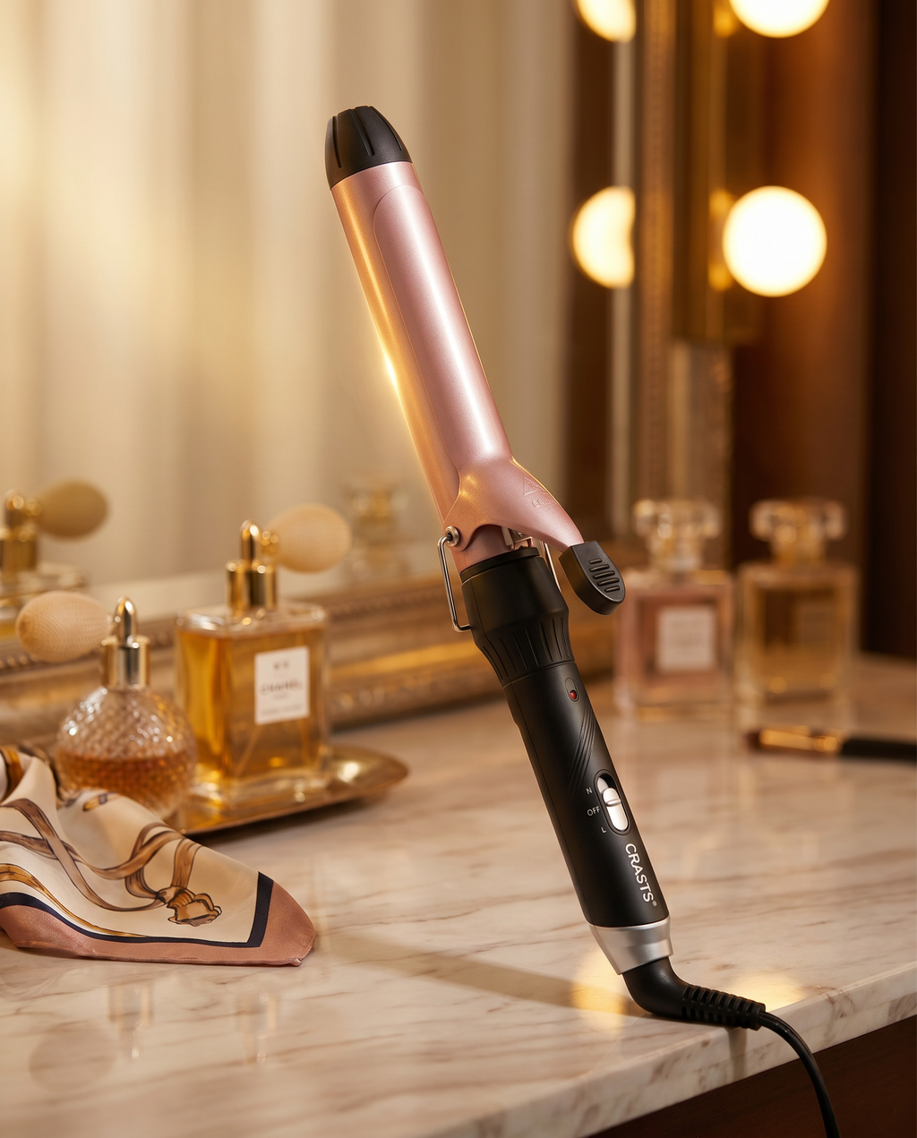 Rose gold curling iron on vanity