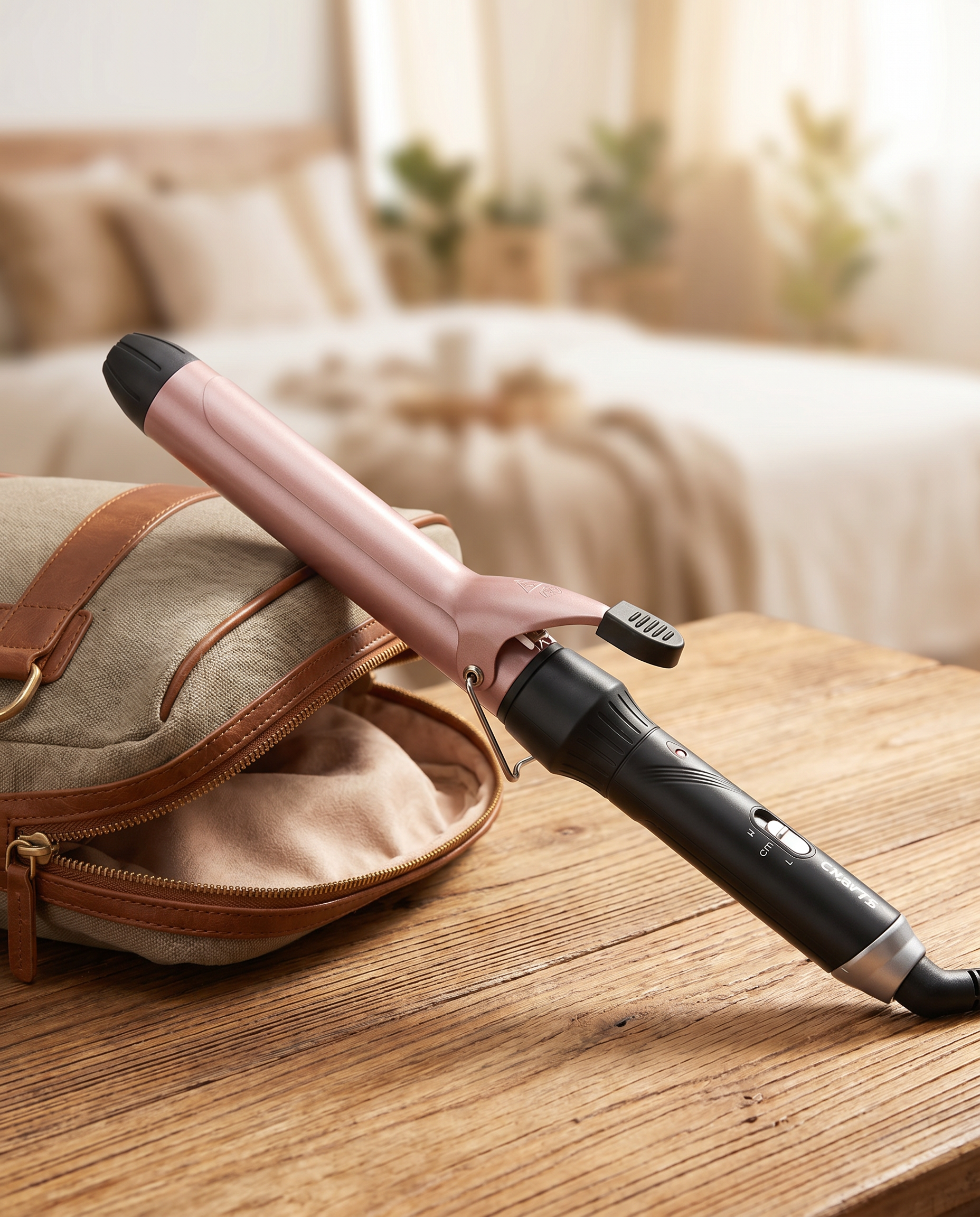 Rose gold curling iron with travel bag