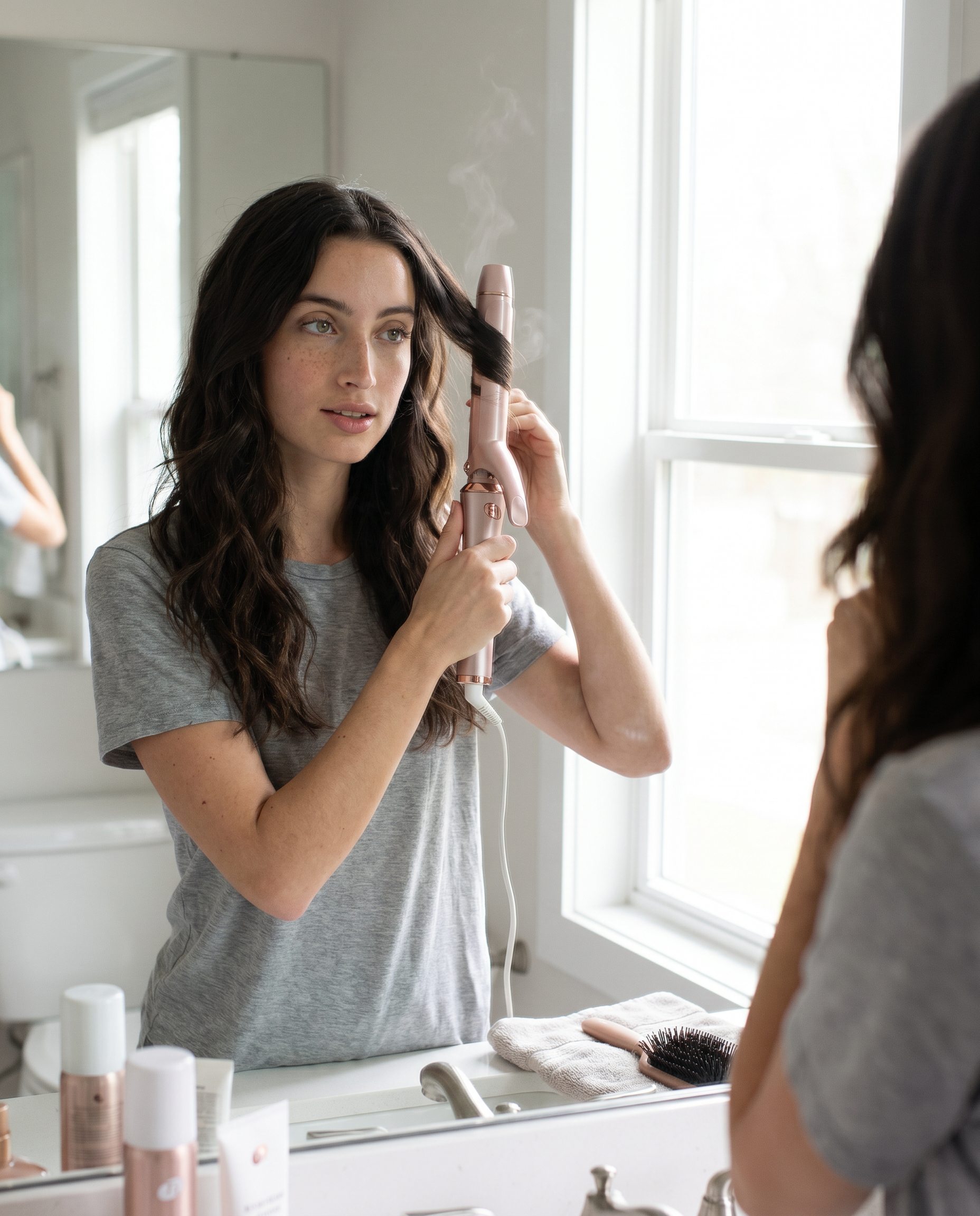 Model curling beachy waves with rose gold curling iron