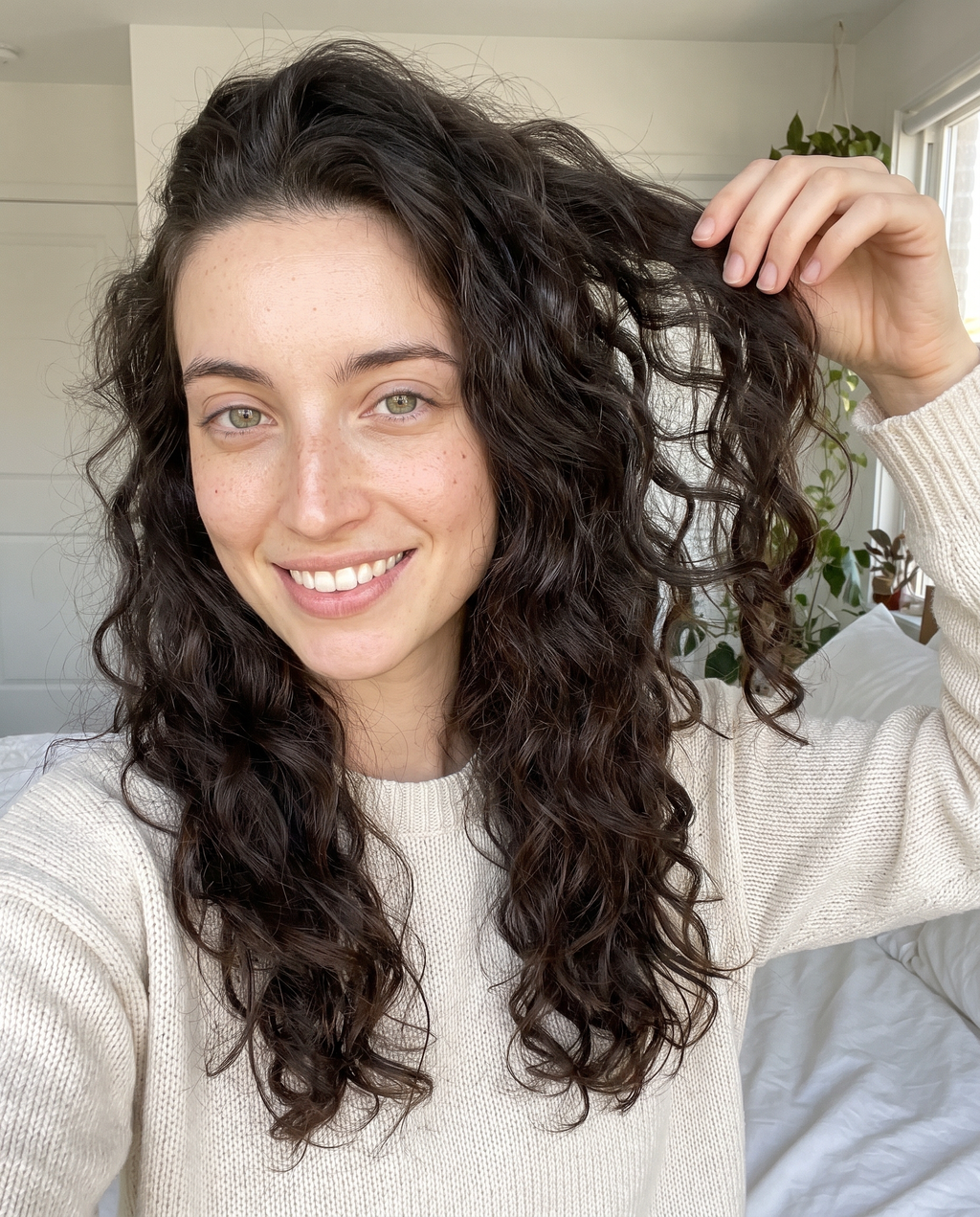 Model showing off large wavy curls