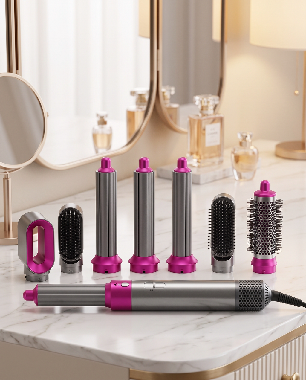 5-in-1 hot air styler flat lay with attachments
