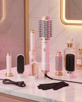 6-in-1 hot air curling brush set on bathroom counter