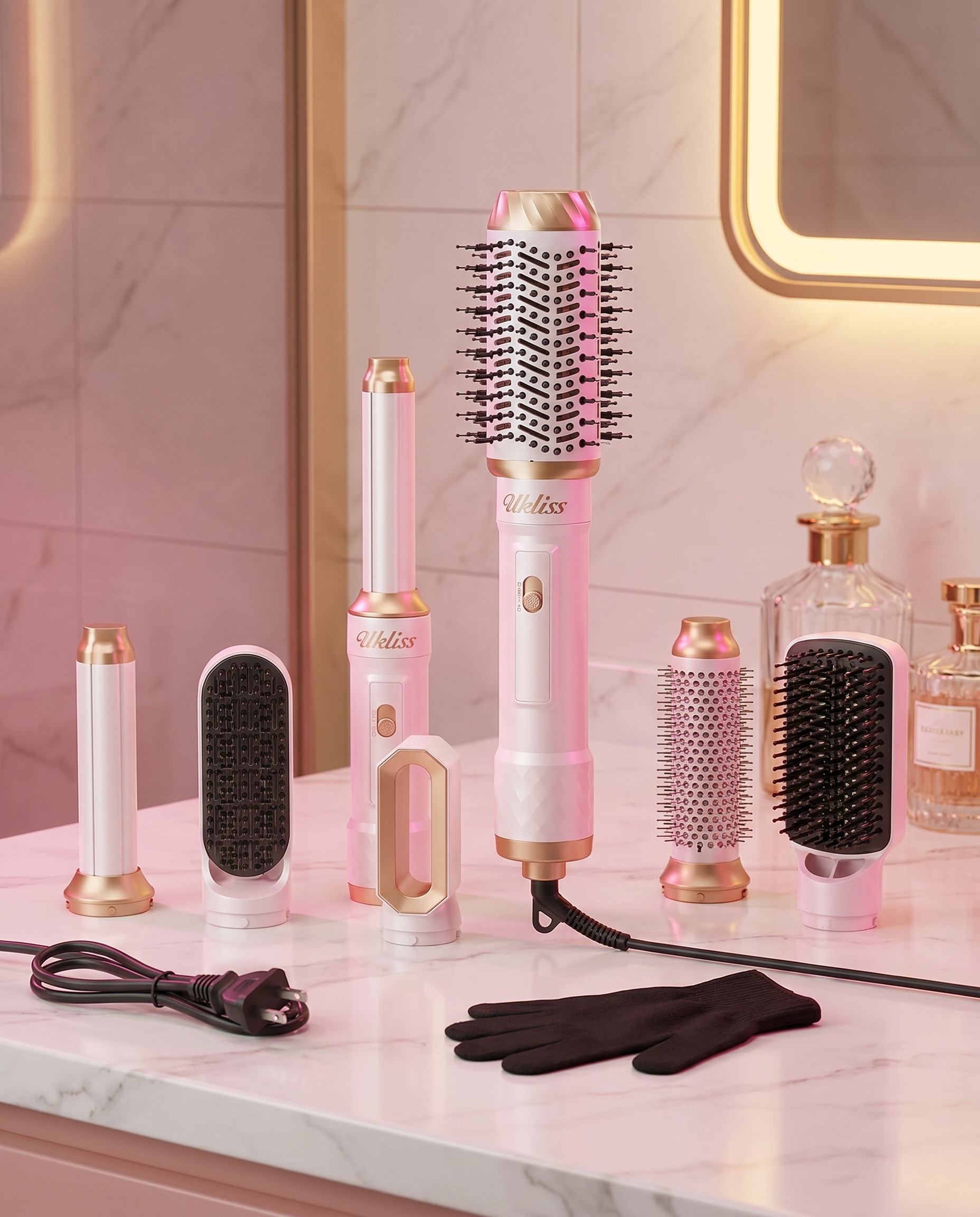 6-in-1 hot air curling brush set on bathroom counter