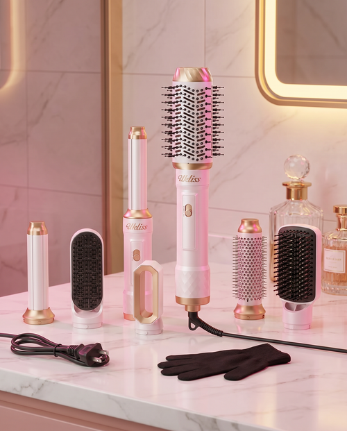 6-in-1 hot air curling brush set on bathroom counter