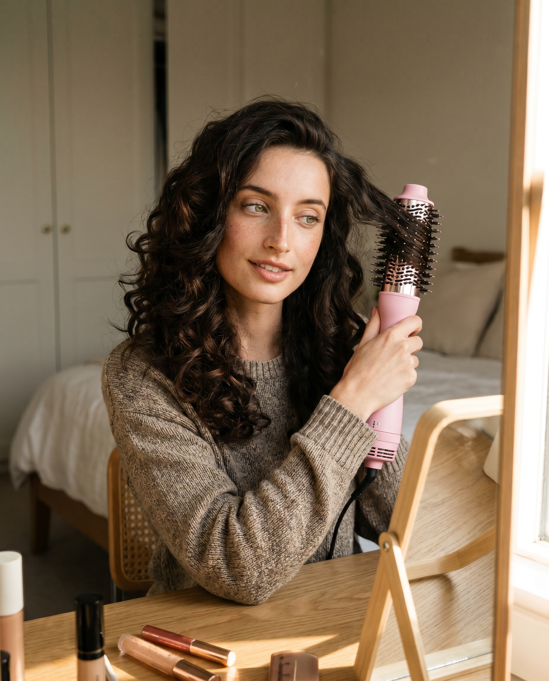 Model with voluminous curled hair holding brush