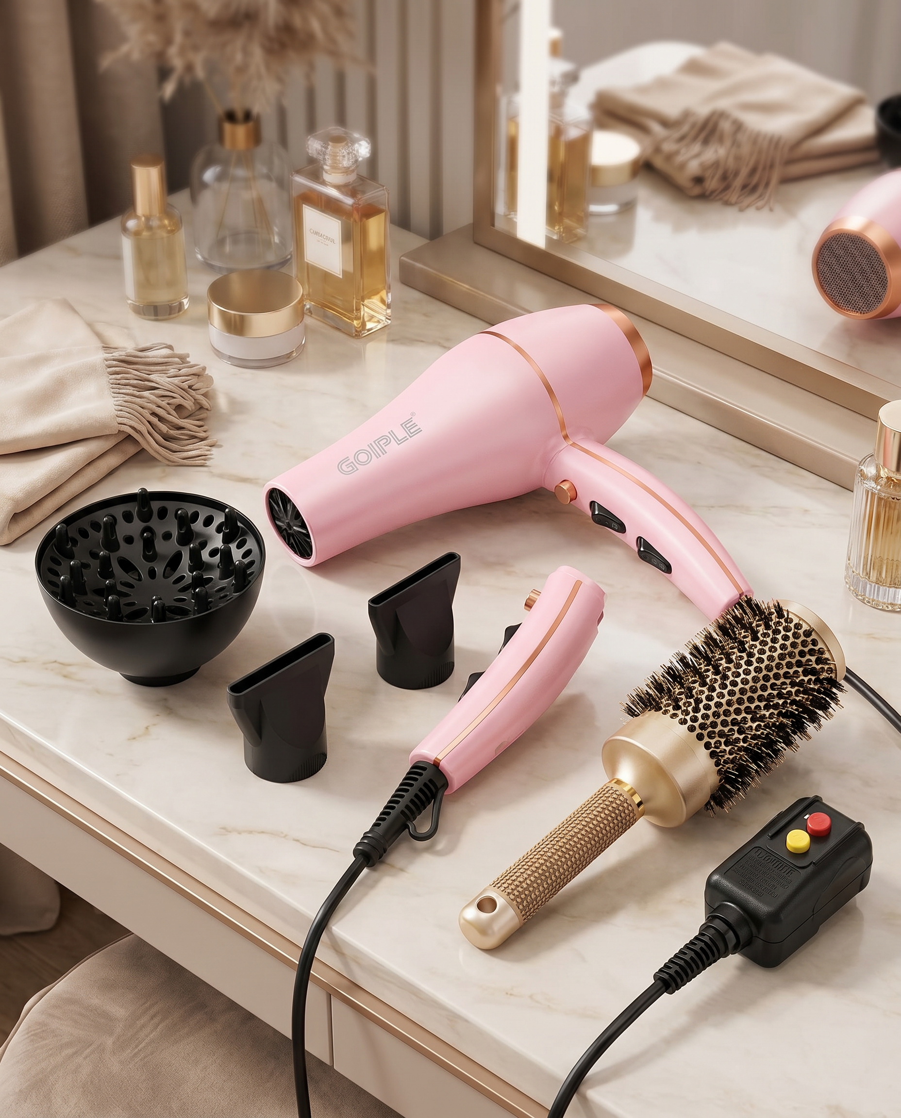 Pink ionic hair dryer kit flat lay with attachments