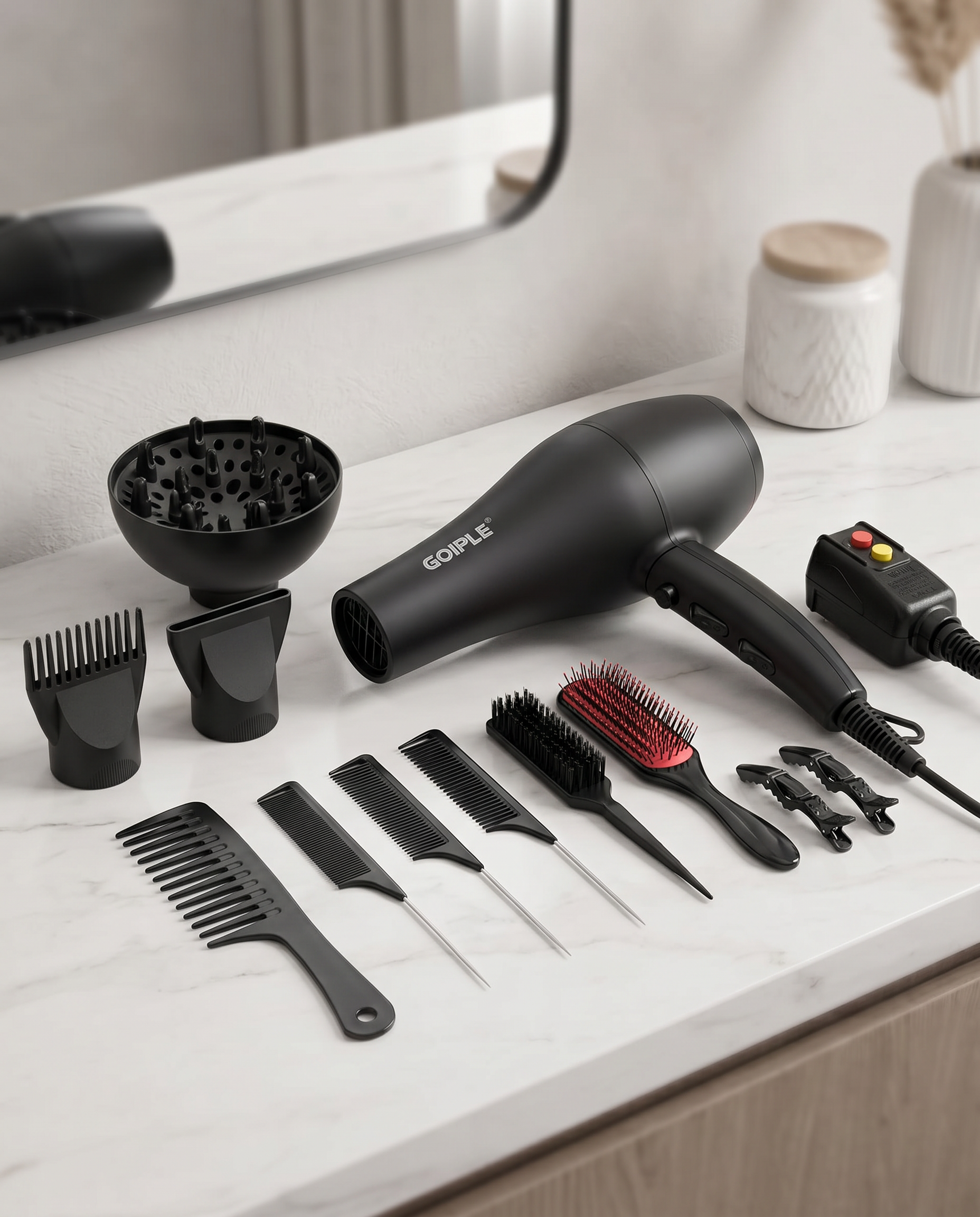 Black ionic hair dryer kit flat lay with attachments