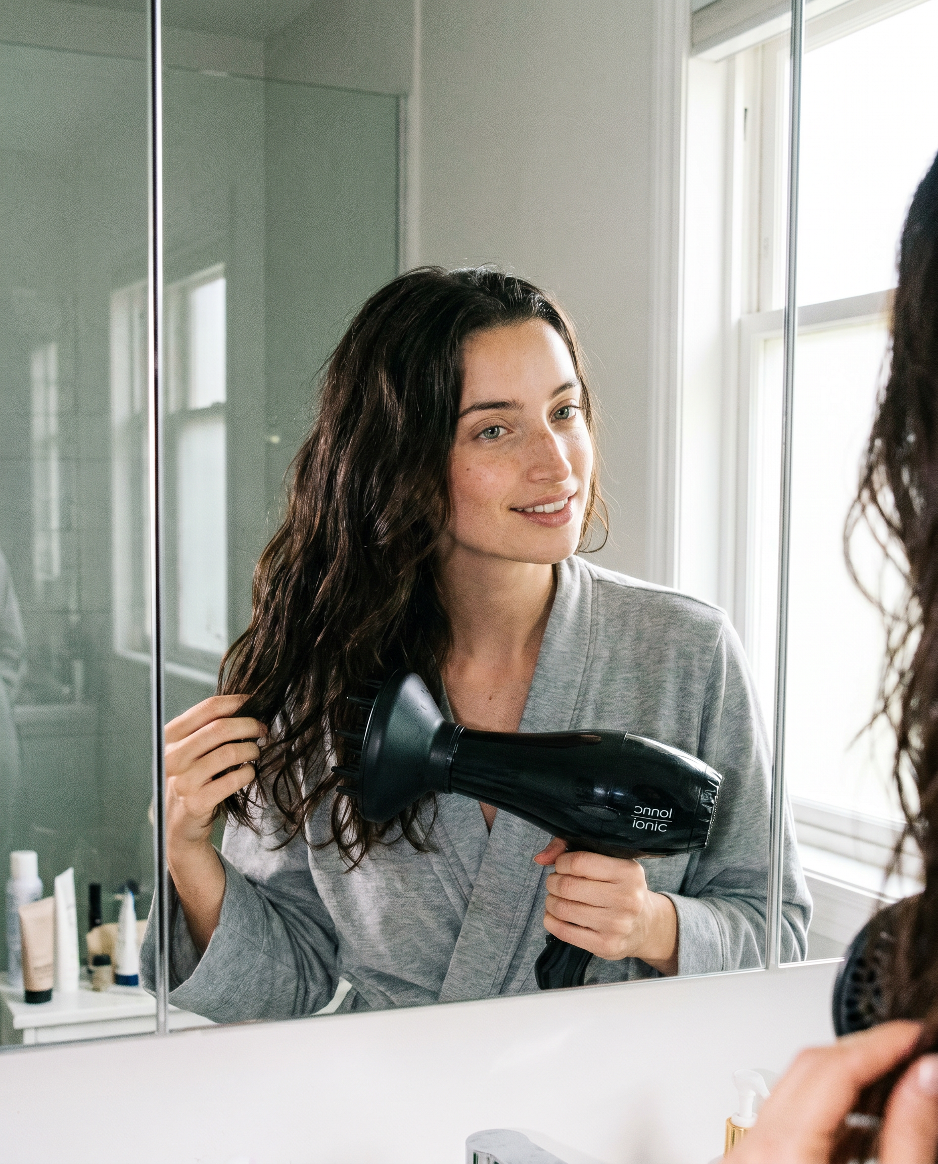 Model blow-drying hair with black ionic dryer