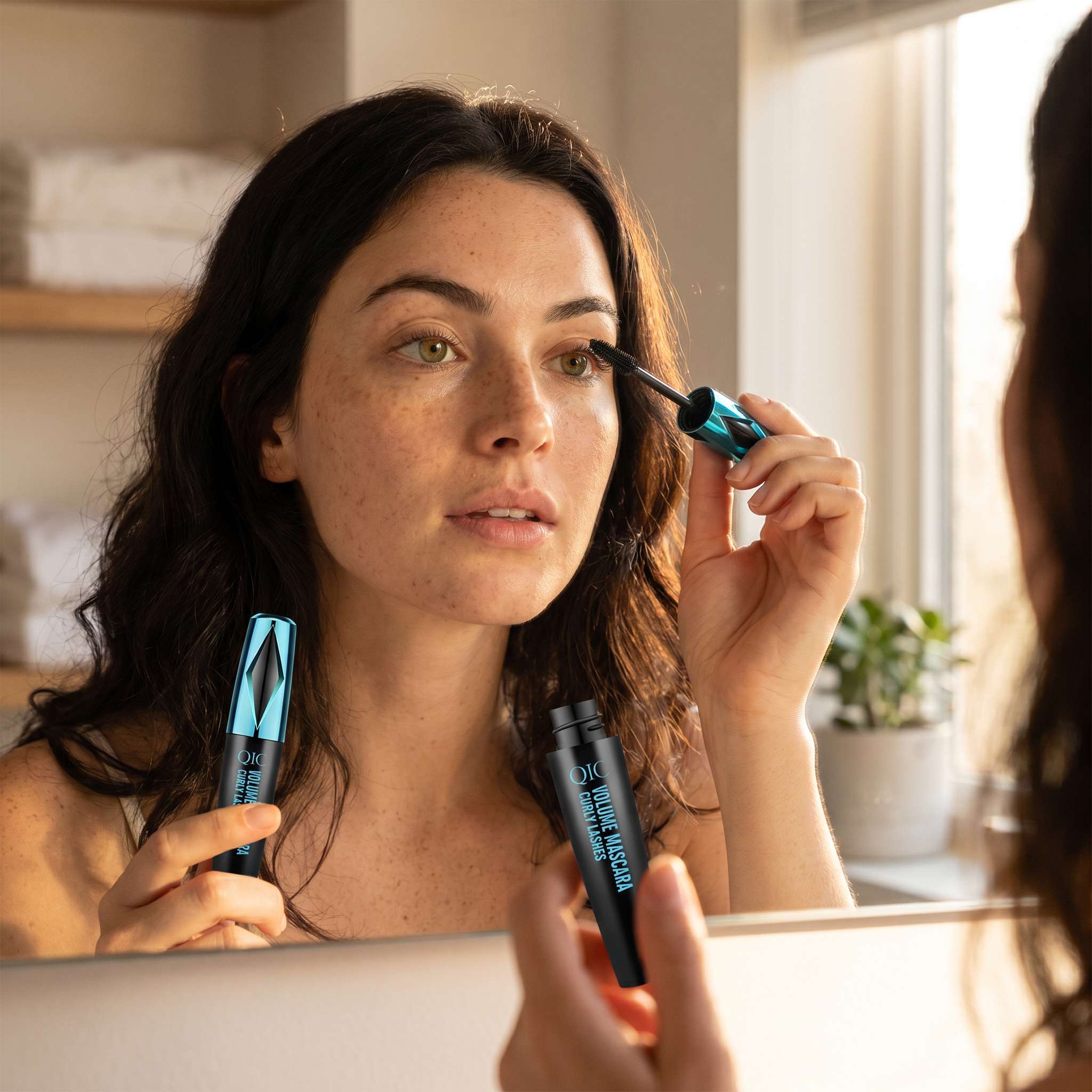 Candid lifestyle shot applying mascara