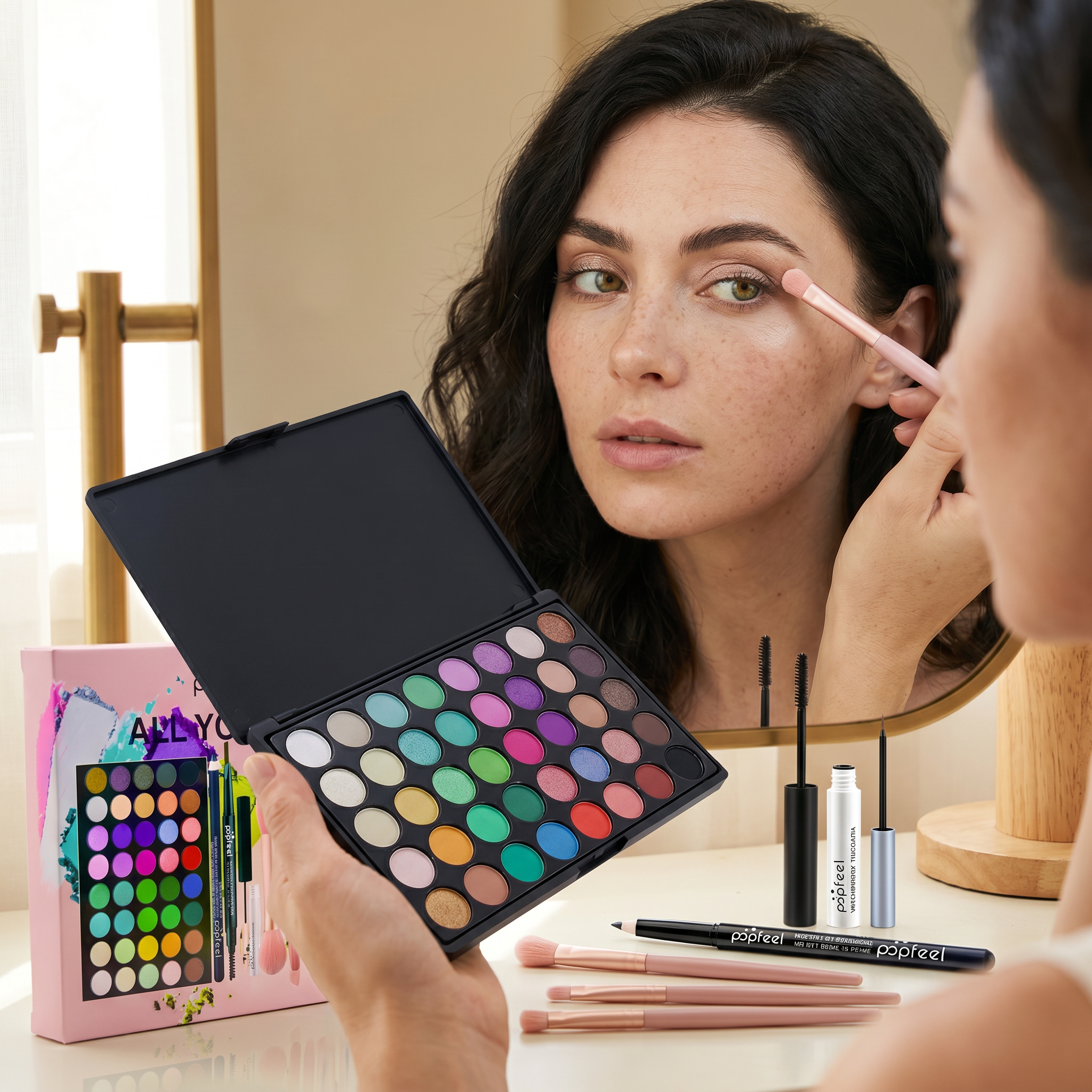 Model applying eyeshadow from palette at vanity