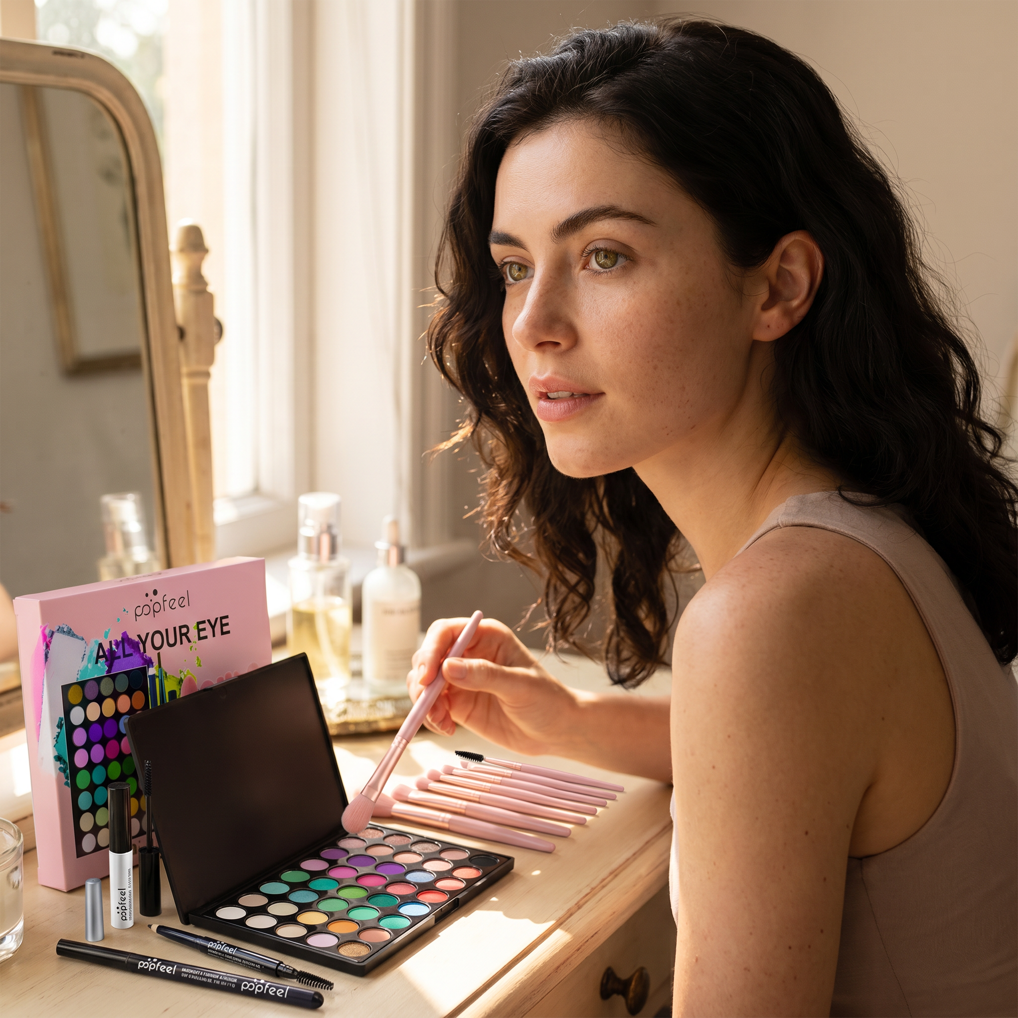 Candid lifestyle shot applying eyeshadow at vanity